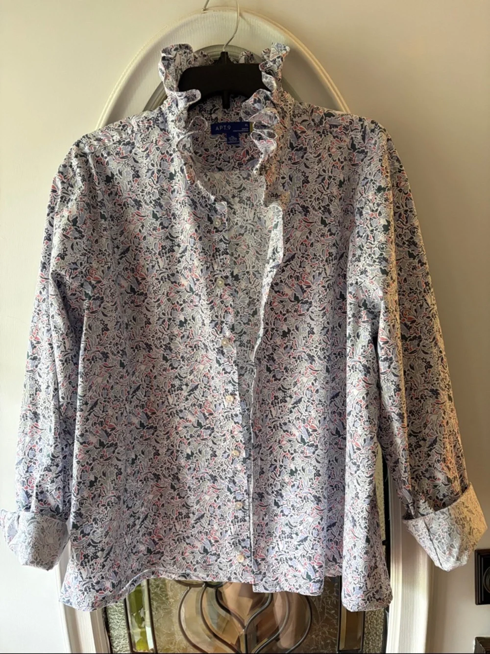 Up-cycled men’s XL Apt. 9 Ruffled Collar Floral Button-Up - Pink Blue White - Picture 1 of 4